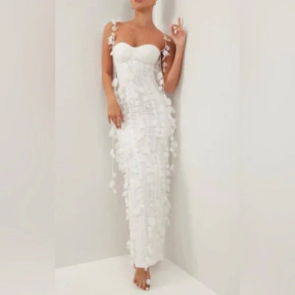 Heiress Boutique White Corset Petal Linen Maxi Dress